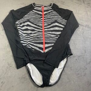Speedo Womens XL Long Sleeve One Piece Swimsuit Zebra Print Rash Guard Zip
